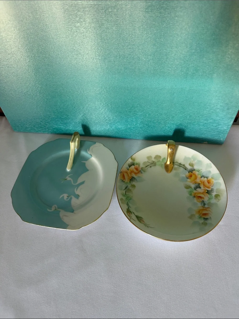 Vintage Floral Two-Tier Handled Serving Dishes - Teal & Cream